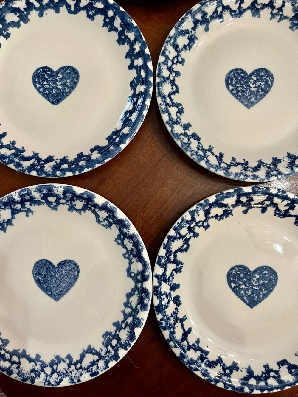 5 VTG Tienshan Folk Craft Blue Hearts Spongeware Salad Dessert Plates, 7.5”